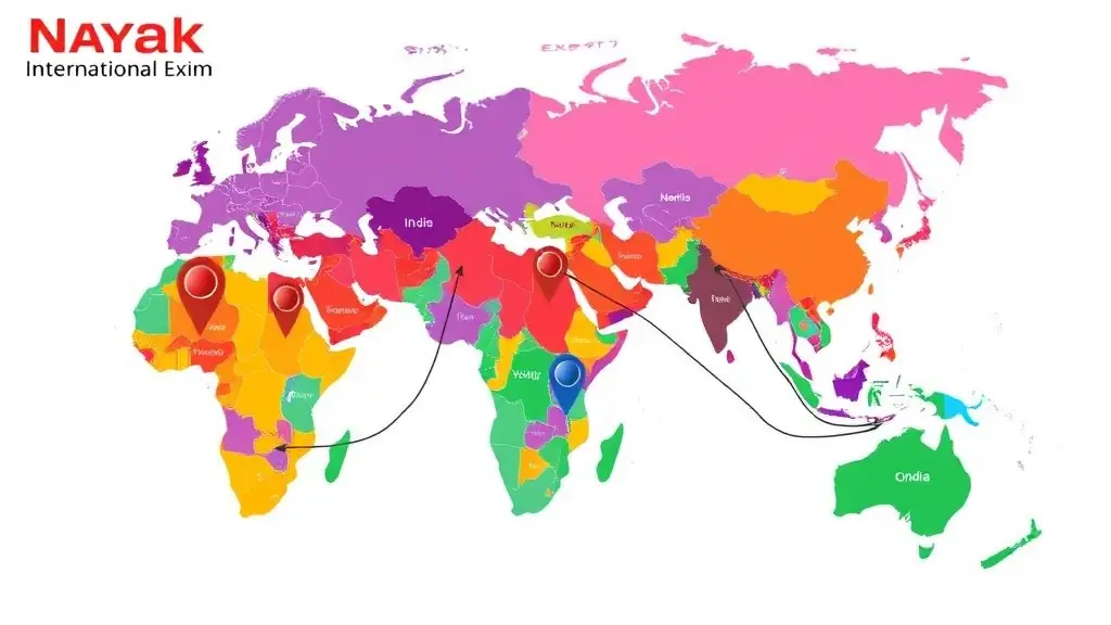 A world map highlighting the countries to which Nayak International Exim exports Basmati rice, showcasing their global reach and presence in various international markets.