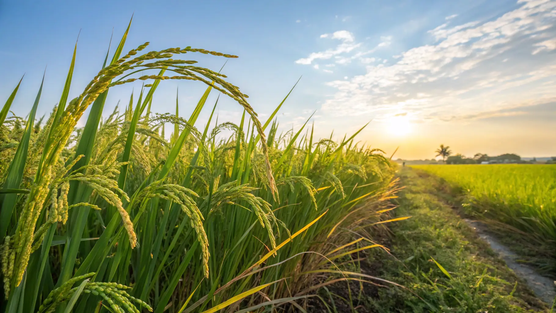 A vibrant image of a lush Basmati rice field in India, showcasing the natural beauty and quality of the rice that Nayak International Exim exports globally.