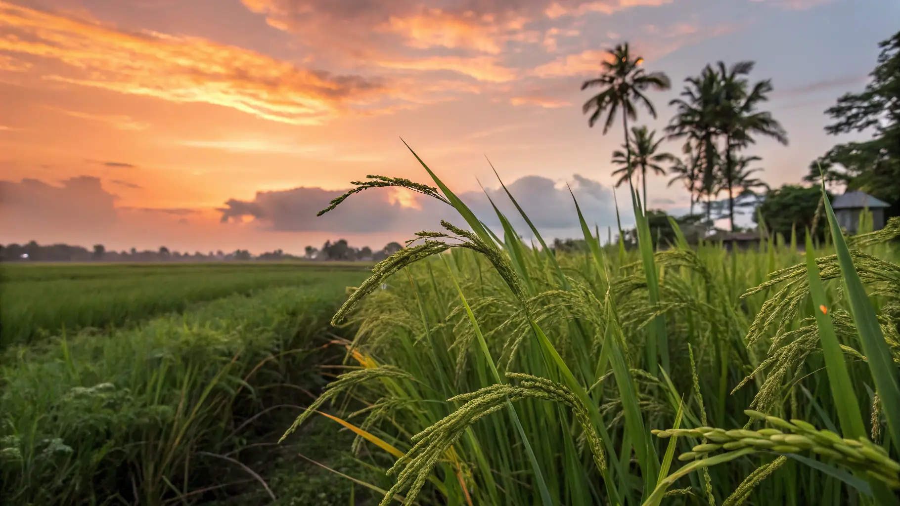A vibrant field of Basmati rice ready for harvest, showcasing the lush green landscape of India, symbolizing the quality and authenticity of Nayak International Exim's products.